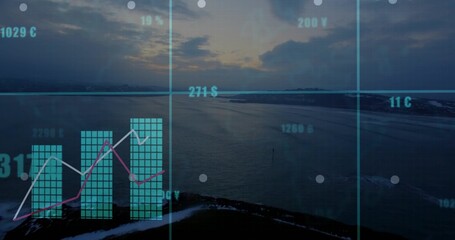 Naklejka premium Sunrise activating teal finance dashboard, overlaying coastal bay with bar chart, line graphs