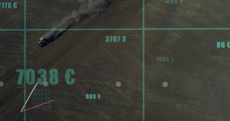 Obraz premium Plowing tractor leaving dust plume while crossing farm furrows with teal grid labels, copy space