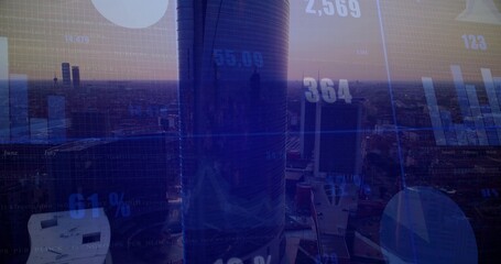 Framing cylindrical glass skyscraper rising above downtown at dusk, with HUD chart overlays © vectorfusionart