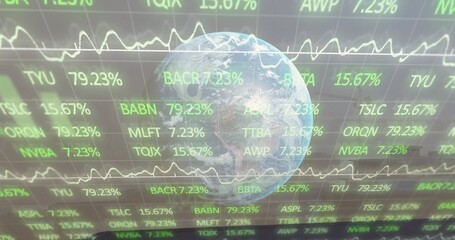 Fototapeta premium Displaying Earth globe floating over trading dashboard, showing green tickers, white line charts