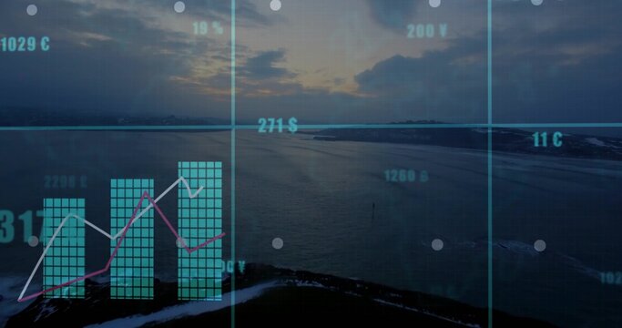 Sunrise activating teal finance dashboard, overlaying coastal bay with bar chart, line graphs