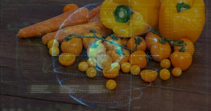 Displaying cluster of cherry tomatoes, yellow peppers, carrots on dark table, with blue overlay