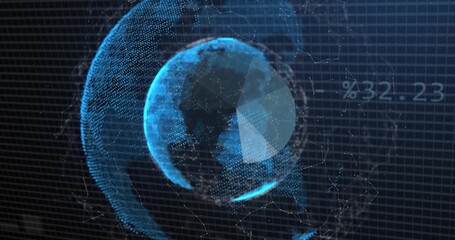 Fototapeta premium Displaying 3D holographic globe in virtual dashboard, with rings, node lines, pie wedge %32