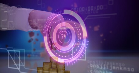 Obraz premium Placing white cuff hand placing coin onto gold stack at studio fintech set, holo HUD