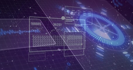 Naklejka premium Floating translucent hologram keyboard and numeric panels above grid plane, showing radial dial