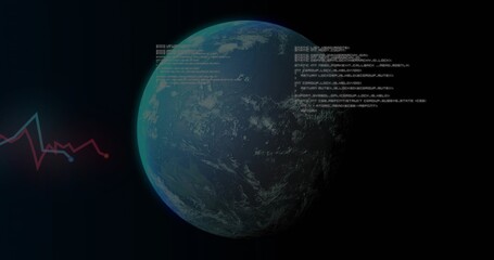 Fototapeta premium Displaying left-lit Earth-like planet in near-Earth orbit while showing HUD code and jagged graph