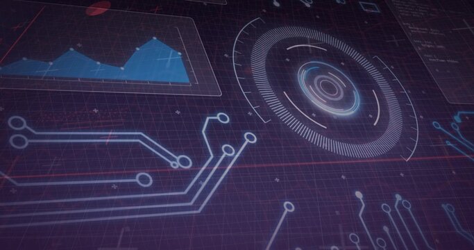 Displaying futuristic HUD on control dashboard, with concentric radar, neon circuits, blue chart