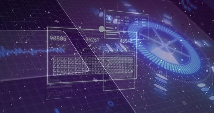 Floating translucent hologram keyboard and numeric panels above grid plane, showing radial dial