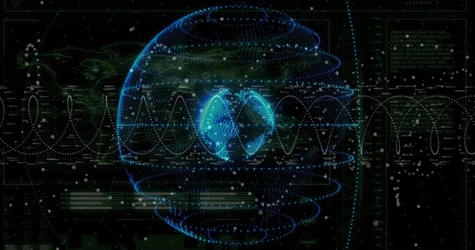 Rotating holographic sphere centered in virtual HUD, emitting blue cyan mesh and two glowing lobes