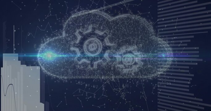 Showing particle cloud pulsing on navy UI, featuring two gears, cyan flare, left bars, right bars