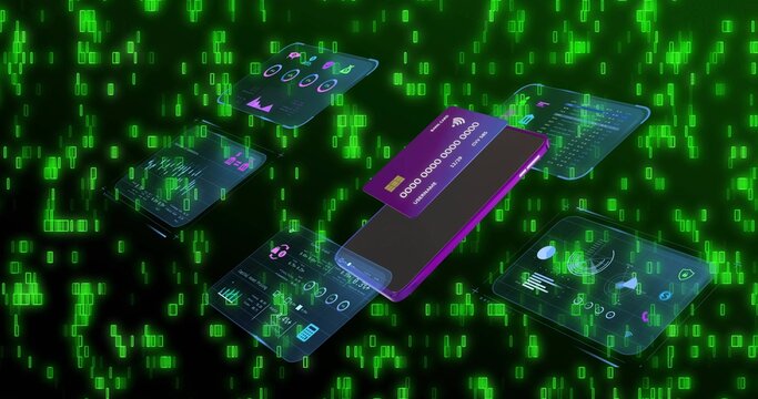 Floating purple-trim smartphone glowing in cyberspace, showing contactless card and holographic UI