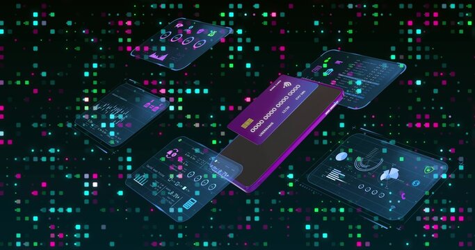 Displaying phone device projecting holographic dashboards in cyberspace, with purple credit card