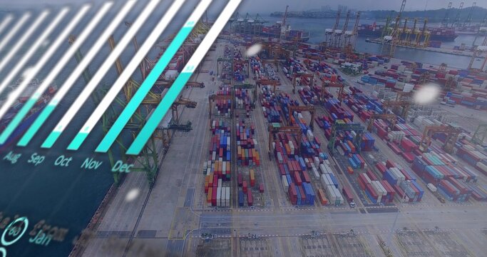Showing aerial container terminal at waterfront, with cranes, stacked containers, turquoise HUD
