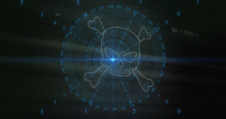 Naklejka premium Rotating holographic skull-and-crossbones over circular HUD overlay, showing binary and lens flare