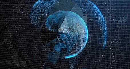 Fototapeta premium Rotating stylized digital Earth globe showing triangular overlay, particle arcs, grid, timestamp