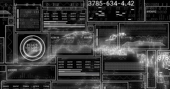 Displaying digital dashboard in console showing overlapping UI panels with circular gauge, numbers