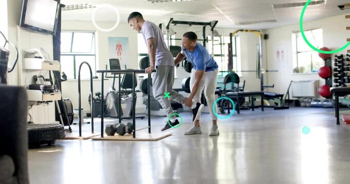 Gym client gripping bars, trainer assisting ankle, holding one-leg dip for form, overlays appearing