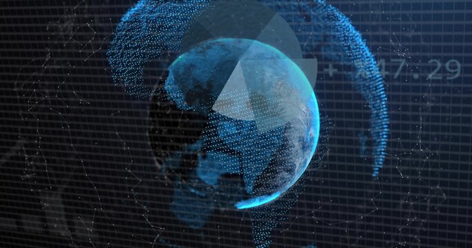 Rotating stylized digital Earth globe showing triangular overlay, particle arcs, grid, timestamp