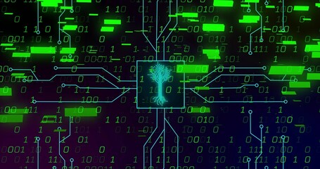 Naklejka premium Pulsing cyan chip showing neural-tree sending blue line to cyber nodes with green blocks and 0s or 1