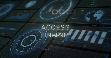 Displaying central ACCESS BNWRNM overlay on tilted UI panels, showing radar dial and globe © vectorfusionart