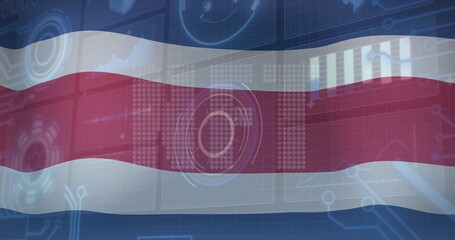 Naklejka premium Waving horizontal tricolor flag showing HUD overlays in virtual backdrop, with circuit grid