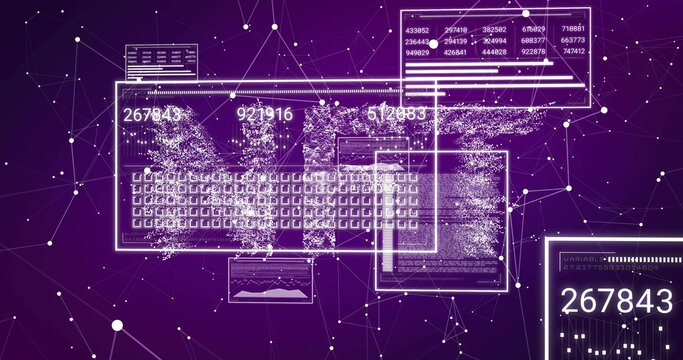 Displaying HUD panels and keyboard grid in cyberspace, linking nodes with flowing data clouds