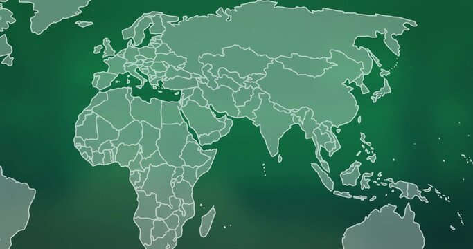 Displaying stylized map showing Africa, Europe, Asia centered, with white borders and island chains