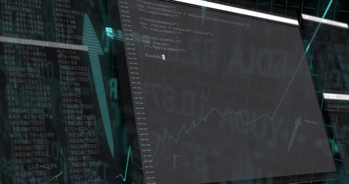 Displaying translucent panel showing XML-like code and rising line chart on dashboard with logs
