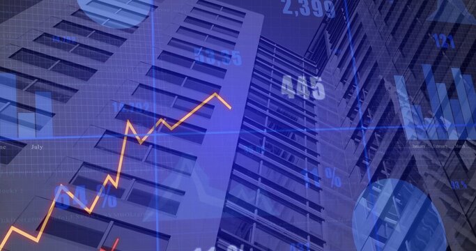 Showing towers with orange trend line, blue grids, bar charts, numeric labels in financial district