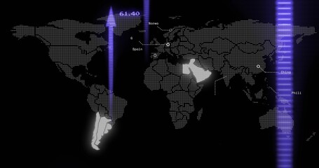 Showing dotted world map with South America and Arabia lit on screen with purple beam, labels © vectorfusionart