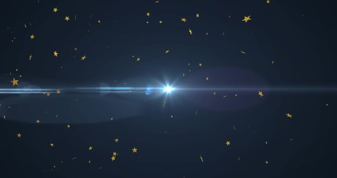 Radiating central white-blue flare sending wide lens streaks across navy studio, golden confetti