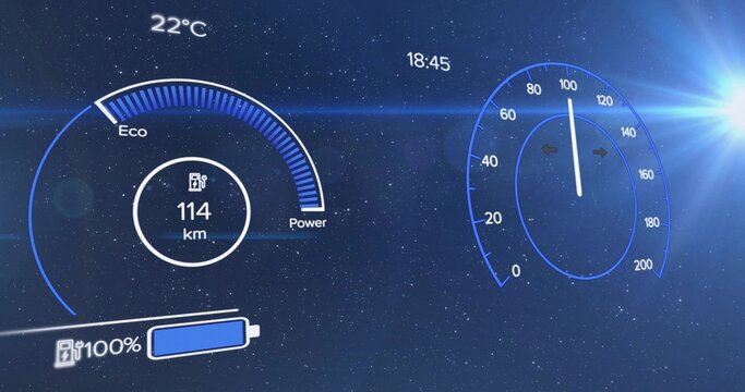 Displaying vehicle HUD over stars, showing speedometer, Eco or Power gauge, range 114 km, battery 10