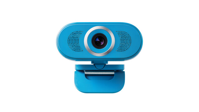 Modern blue webcam with integrated microphone and textured surface, isolated on transparent background for video conferencing and online streaming