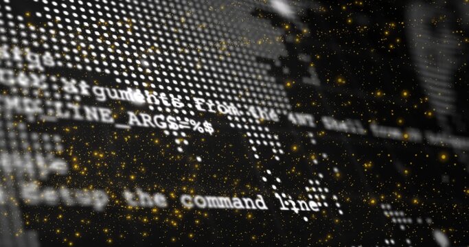 Showing screen with blurred console text pixel grid text bands blurred glyphs gold bokeh at desktop