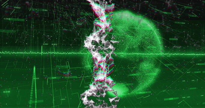 Showing particle globe rotating in virtual HUD, with fragmented helix and data band, copy space