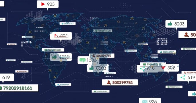 Displaying world map showing network data on navy dashboard, with floating data cards and thumbs-up