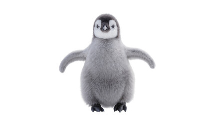 Fluffy gray penguin chick with small black eyes and pink beak, standing upright isolated on transparent background for animal concepts © Nuria