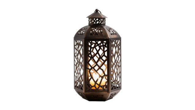 Ornate bronze lantern with intricate geometric cutouts and a glowing candle inside, isolated on transparent background for decorative design elements