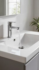 Fototapeta premium A modern bathroom sink with a water leak from the faucet, creating a small stream of water flowing into the white porcelain basin, with a mirror and window in the background.