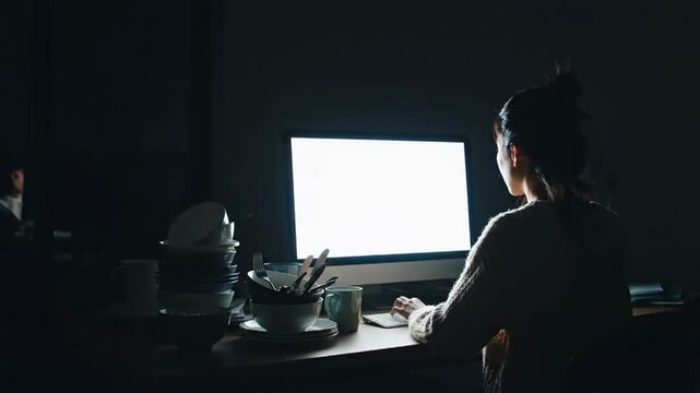 Woman working on computer at desk with dishes and city view transitioning from day to night