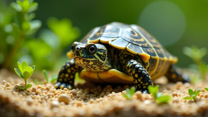 Obraz premium This stunning close-up captures a vibrant turtle exploring its natural habitat. The intricate patterns on its shell and the soft background create a serene atmosphere.