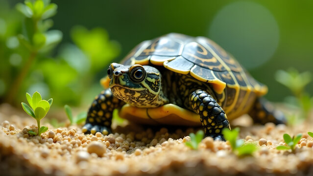 This stunning close-up captures a vibrant turtle exploring its natural habitat. The intricate patterns on its shell and the soft background create a serene atmosphere.