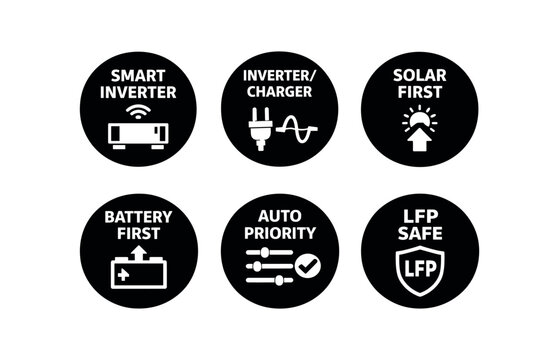 Energy and inverter feature icons icon set. smart inverter, inverter charger, solar first, battery first, auto priority, lfp safe. line, flat and colored vector icon set.