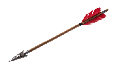 Detailed antique wooden arrow with ornate silver arrowhead and vibrant red feather fletching, isolated on transparent background for medieval themes © Pablo