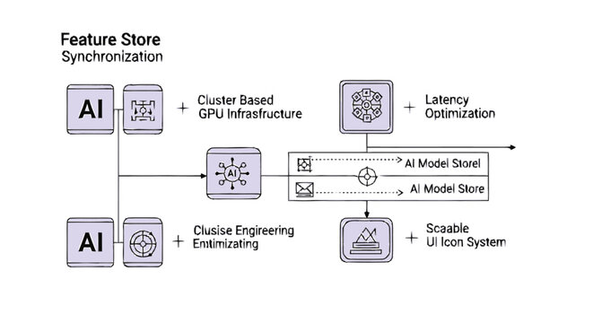 Complex AI System Architecture Diagram Illustrating Feature Store Synchronization.