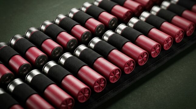 shotgun shells, ammunition, ammo belt, bandolier, hunting gear, tactical equipment, firearm accessories organized in a row on a black carrier for sports shooting and hunting themes.