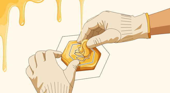 Hands in Gloves Making Dalgona Candy with Honey Drips