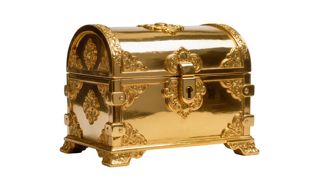 Ornate golden treasure chest with intricate floral carvings and a central lock, isolated on transparent background for fantasy game assets