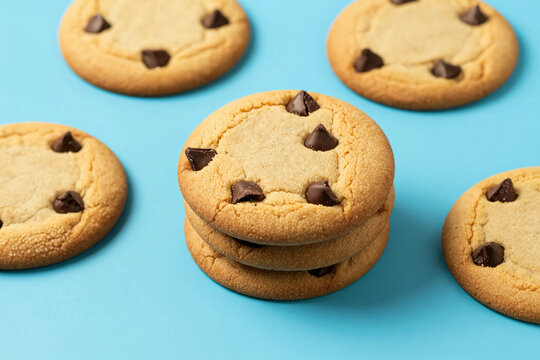chocolate chunk cookies on a bright blue background.