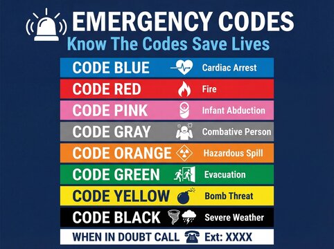 Hospital emergency codes chart vital information for cardiac arrest fire infant abduction combative person hazardous spill evacuation bomb threat severe weather and general